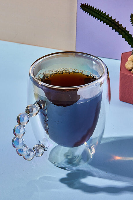 Double Wall Glass Mug with Beaded Handle - Keeps Drinks Hot/Cold, 350ml