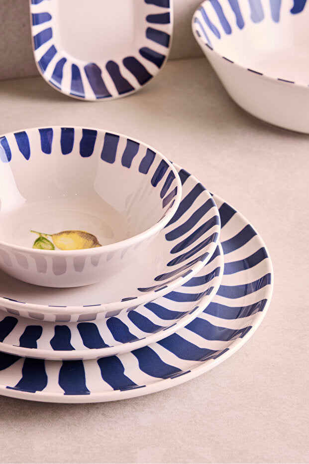 27-Piece 6-Person Ceramic Dinnerware Set - Lemon & Blue Stripe Design