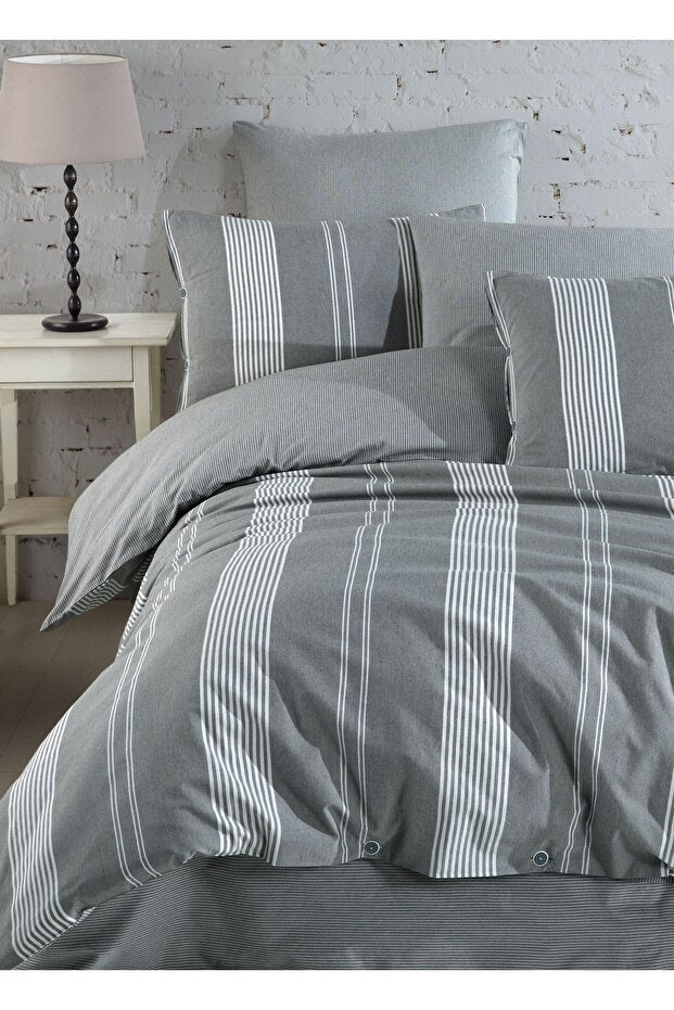 Double Duvet Cover Set - 6 Piece Striped Cotton Blend