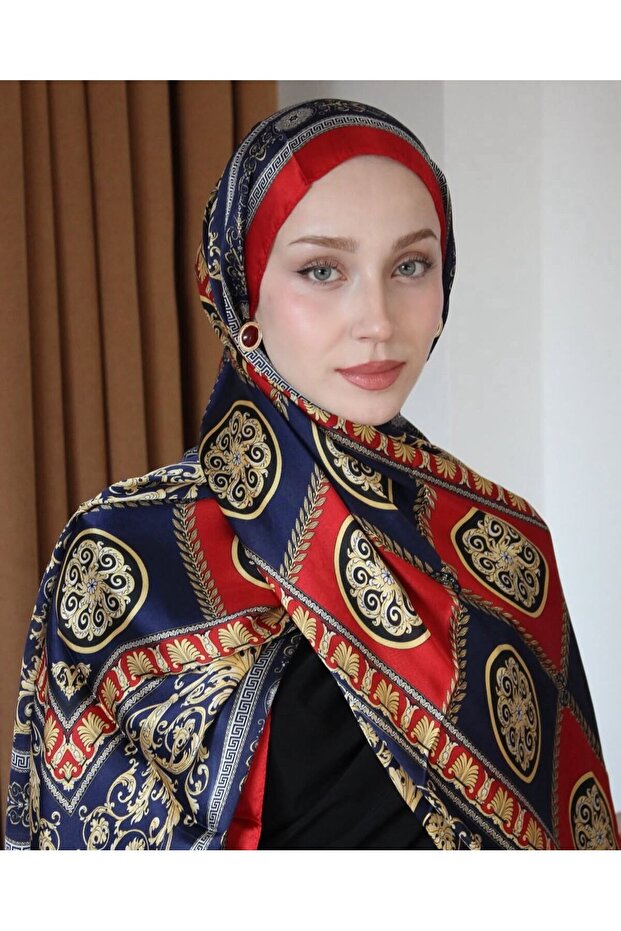 Imported Voile Silk Shawl - Navy Red