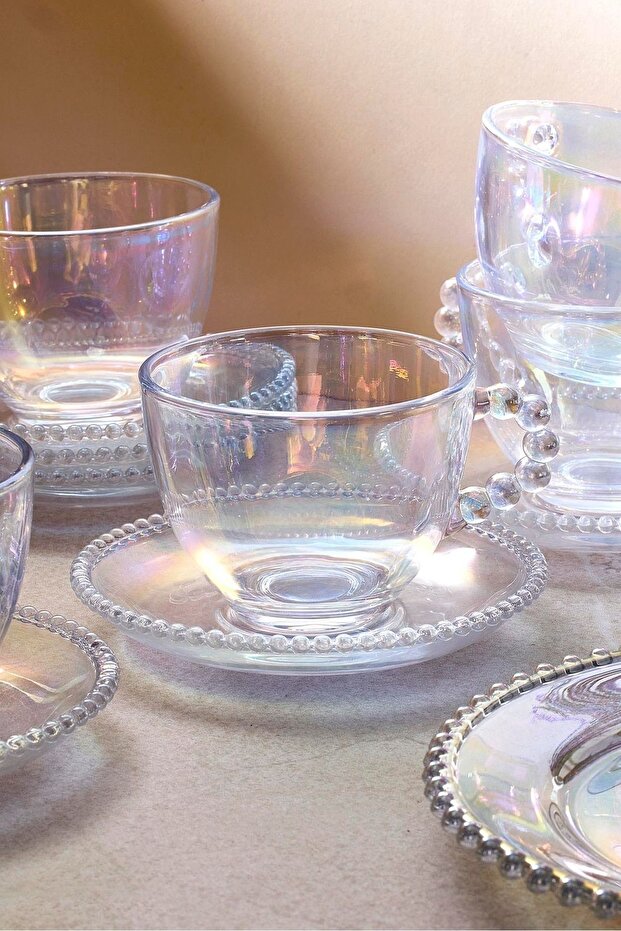 Luster Glass Tea Cup & Saucer Set - 6 Person, 200ml Capacity
