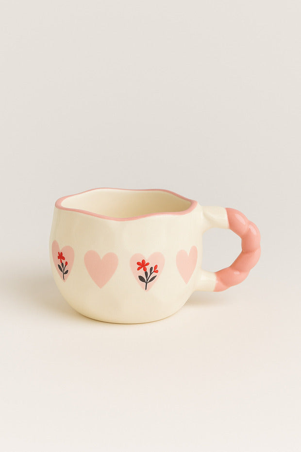 Handmade Ceramic Mug with Pink Hearts & Handle - Cream