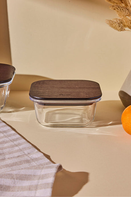 Square Glass Storage Container with Wooden Lid - 320ml