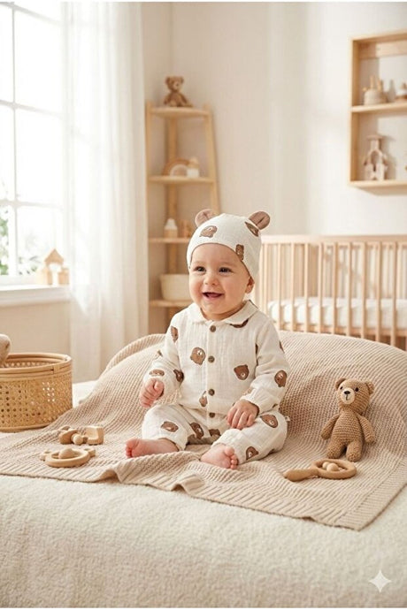 Baby Bear Muslin 100% Cotton Romper - Soft & Breathable Newborn Outfit