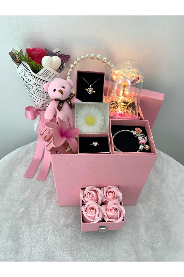 Elegant Pink Love Gift Set with Drawer Box - Jewelry, Bear & Rose Dome