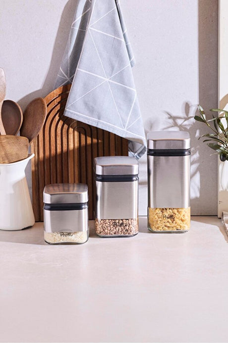 Cubic 3-Piece Glass Storage Jar Set with Airtight Metal Lids