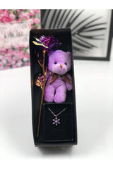Romantic Purple Rose, Teddy Bear & Lotus Necklace Gift Set