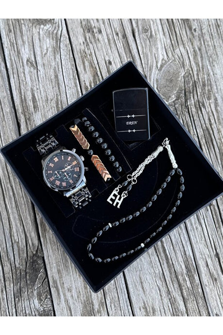 Men's Watch, Lighter, Rosary & Bracelets - 5-Piece Gift Set