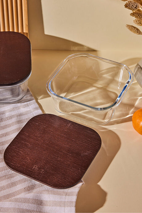 Square Glass Food Storage Container - 800ml with Wood Lid