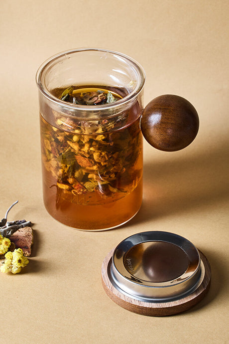 Borosilicate Glass Tea Infuser Mug - 500ml with Acacia Wood Detail