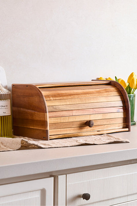 Acacia Wood Bread Box with Roll-Top Door - 24x38x19 cm