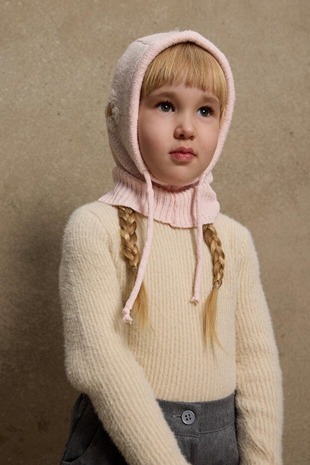 Pink Flower Knitted Mohair Blend Balaclava Beanie