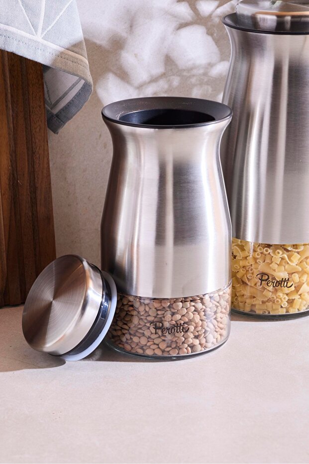 3-Piece Kitchen Storage Jar Set - Stainless Steel & Glass