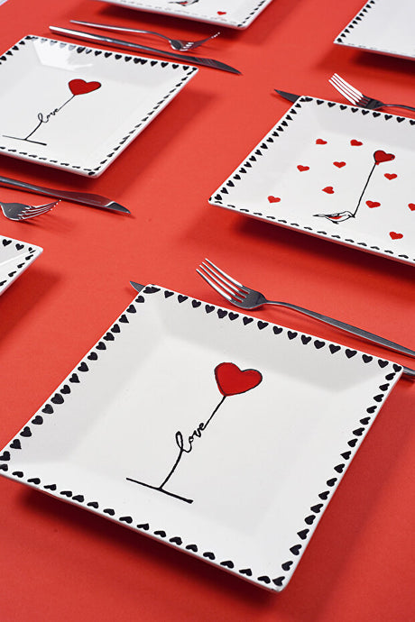Handmade Love Design Ceramic Dessert Plate Set - 20cm (Set of 6)