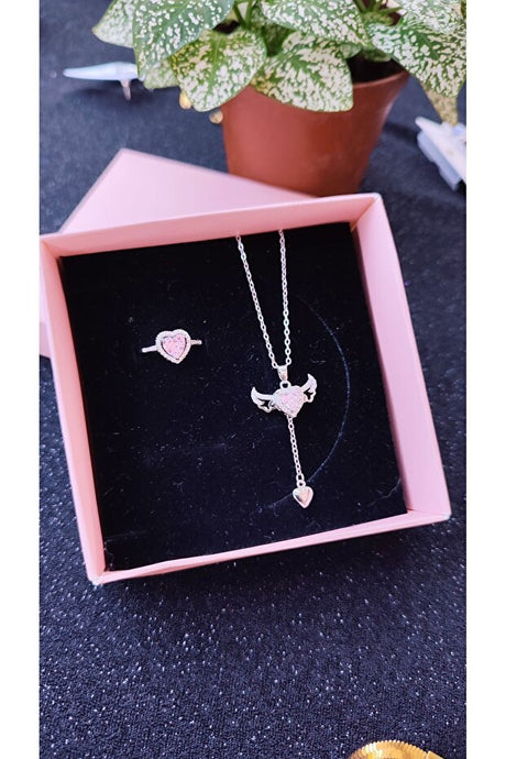 Steel Gold-Plated Heart Stone Necklace & Ring Set