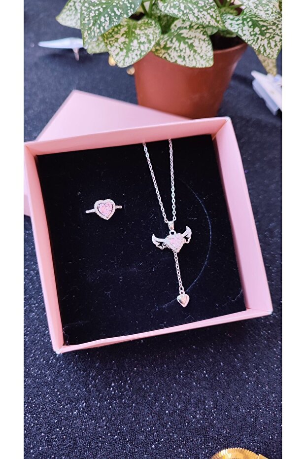 Steel Gold-Plated Heart Stone Necklace & Ring Set