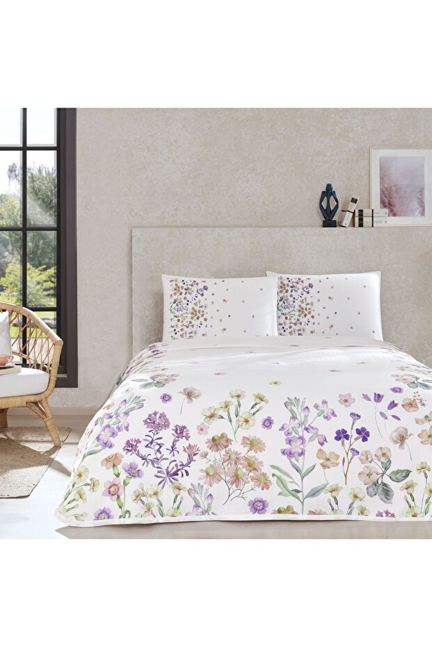 Gleam Double Printed Floral Pique Bedding Set - Lilac