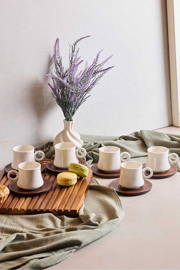 Modern Porcelain Coffee Cup Set with Acacia Saucers - 6-Piece