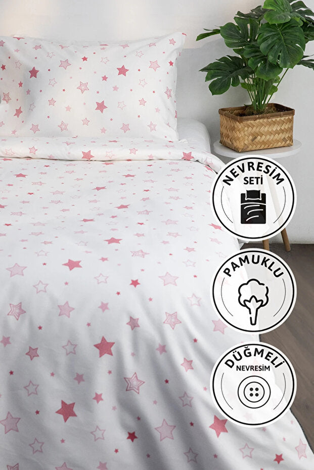 Pink Star Single Duvet Cover Set - Cotton Blend