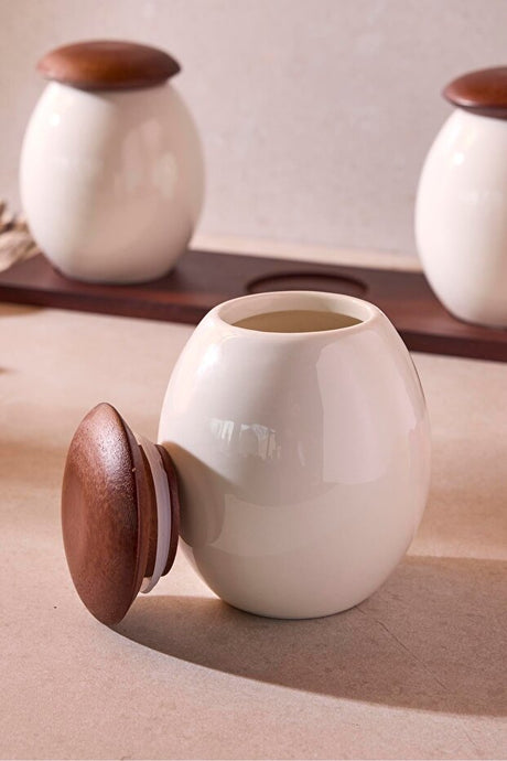 3-Piece Porcelain Spice Jar Set with Wooden Lids & Display Tray