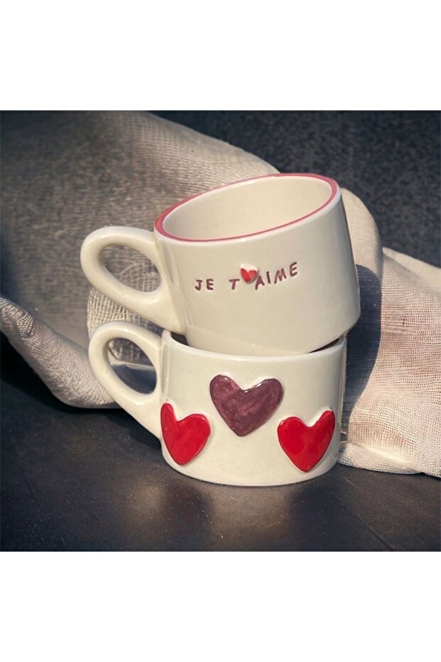 Handmade Ceramic 'Je T'aime' & Heart Mugs - 240ml Couple Set