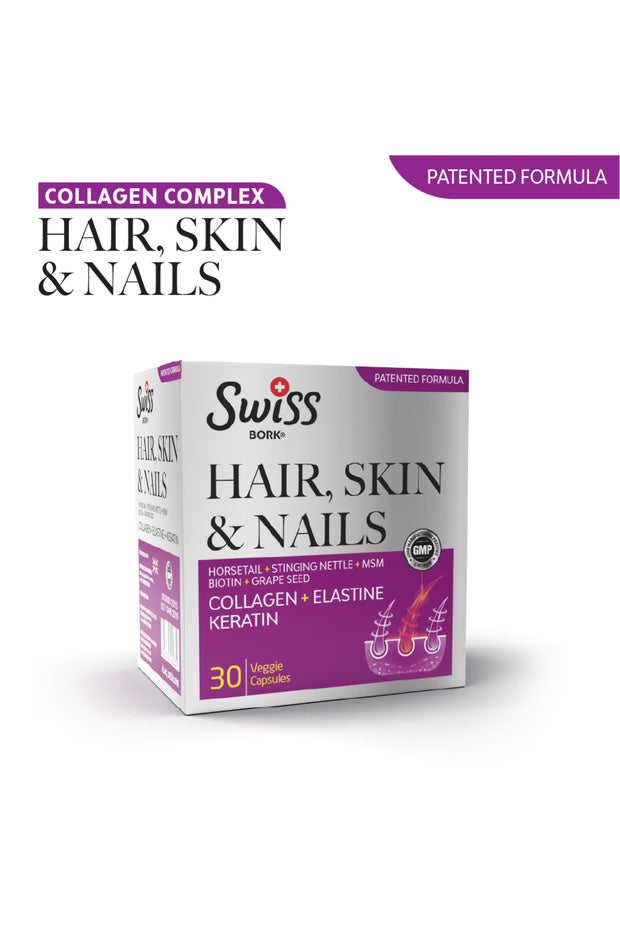 Swiss Bork Hair Skin Nails Supplement - Collagen Complex, 30 Veggie Capsules