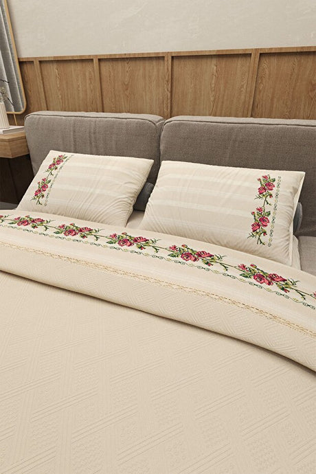 Vintage Double Duvet Cover Set - 100% Cotton, Embroidered Roses