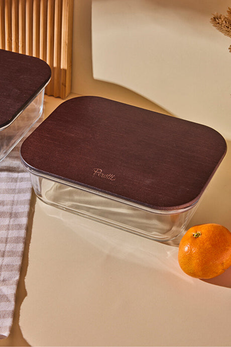 Locky Wood 1050ml Rectangular Glass Storage Jar