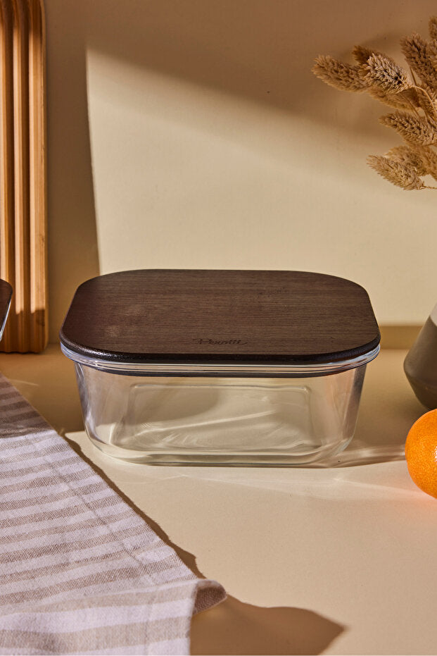 1100ml Square Glass Storage Container with Wood Lid