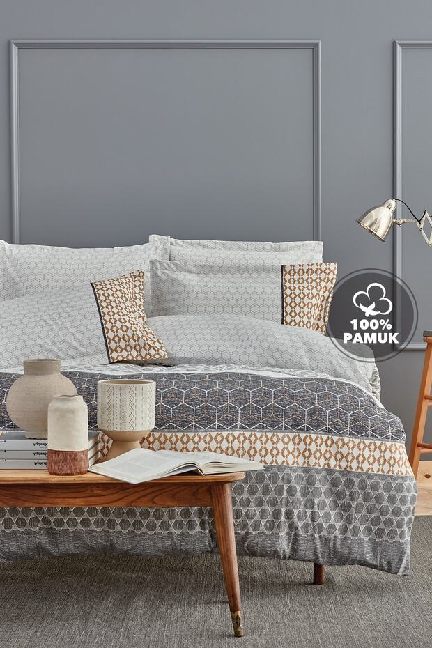 Taren Ranforce Single Duvet Cover Set - 100% Cotton, Grey Geometric