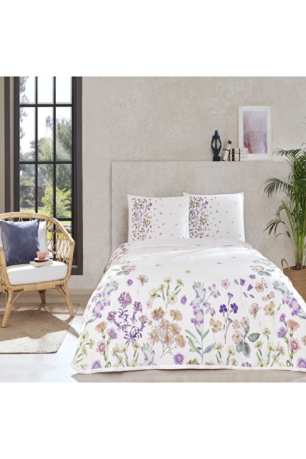 Gleam Double Printed Floral Pique Bedding Set - Lilac