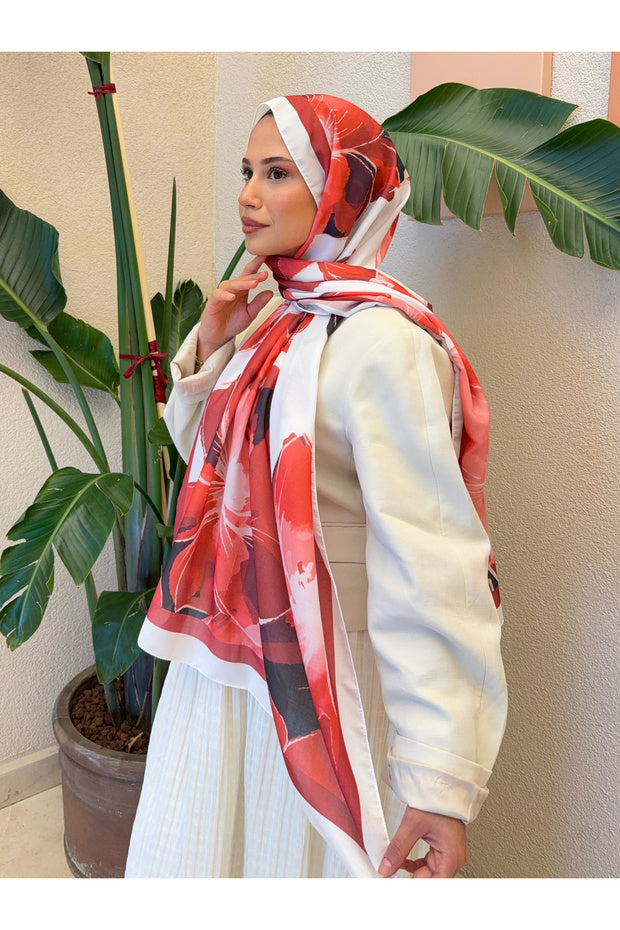 Retro Floral Cotton Soft Shawl - Red & White