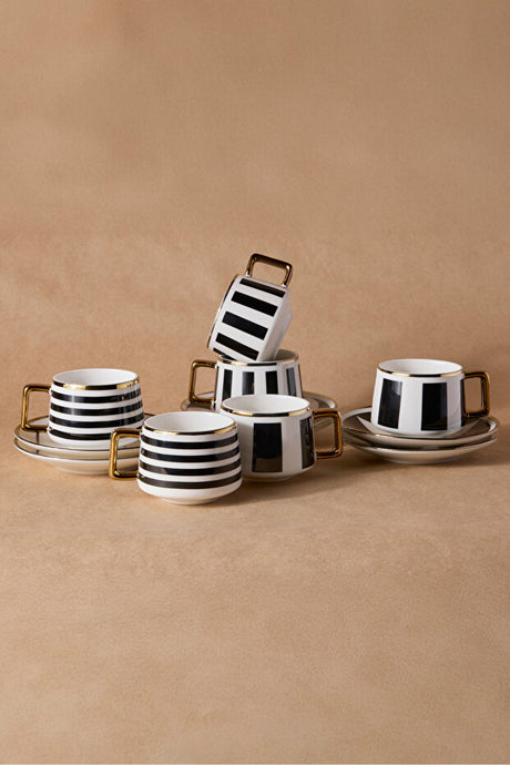 6 Person Porcelain Striped Coffee Cup and Saucer Set