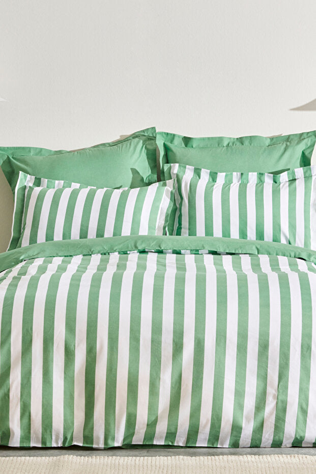 Brine 100% Cotton Single Duvet Cover Set - Green Stripes