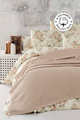 100% Cotton Double Bedspread Quilt - Waffle & Pom-pom