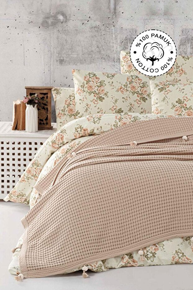 100% Cotton Double Bedspread Quilt - Waffle & Pom-pom