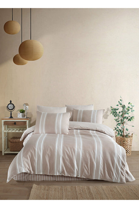 Natural Calors Striped Double Duvet Cover Set - 6 Piece with Fitted Sheet