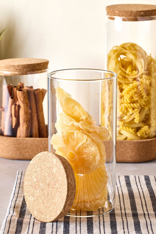 Cork Borosilicate Glass Jar Set - 600ml, 800ml, 1000ml with Base