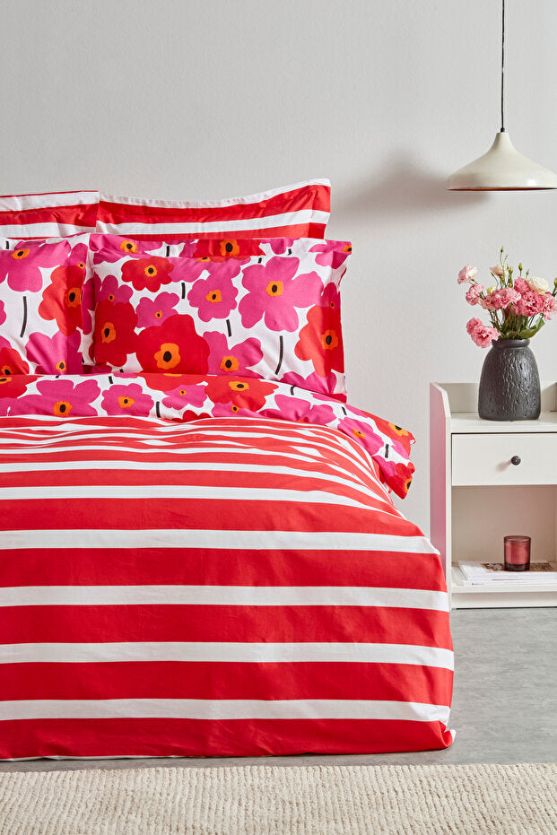 Ernie Doppel-Bettbezug-Set – 100 % Baumwolle, rosa Blumenmuster