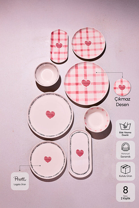 Hearts 8-Piece Dinner Set - Romantic Tableware for Two