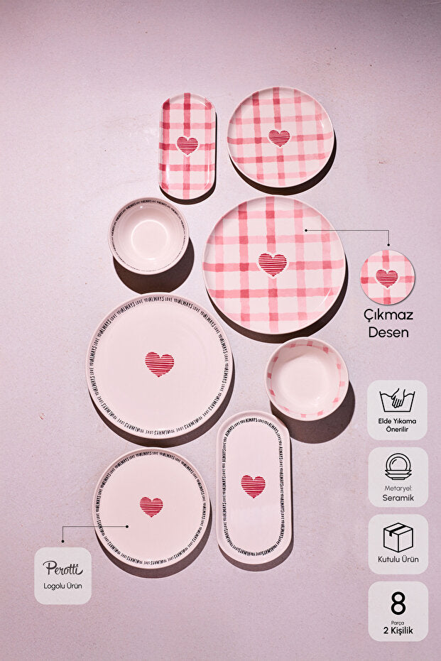 Hearts 8-Piece Dinner Set - Romantic Tableware for Two
