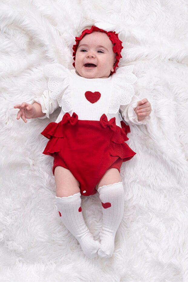 Ensemble 3 pièces pour bébé fille avec chaussettes - motif cœur rouge