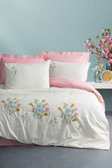 Double Embroidered Floral Duvet Cover Set - Pink