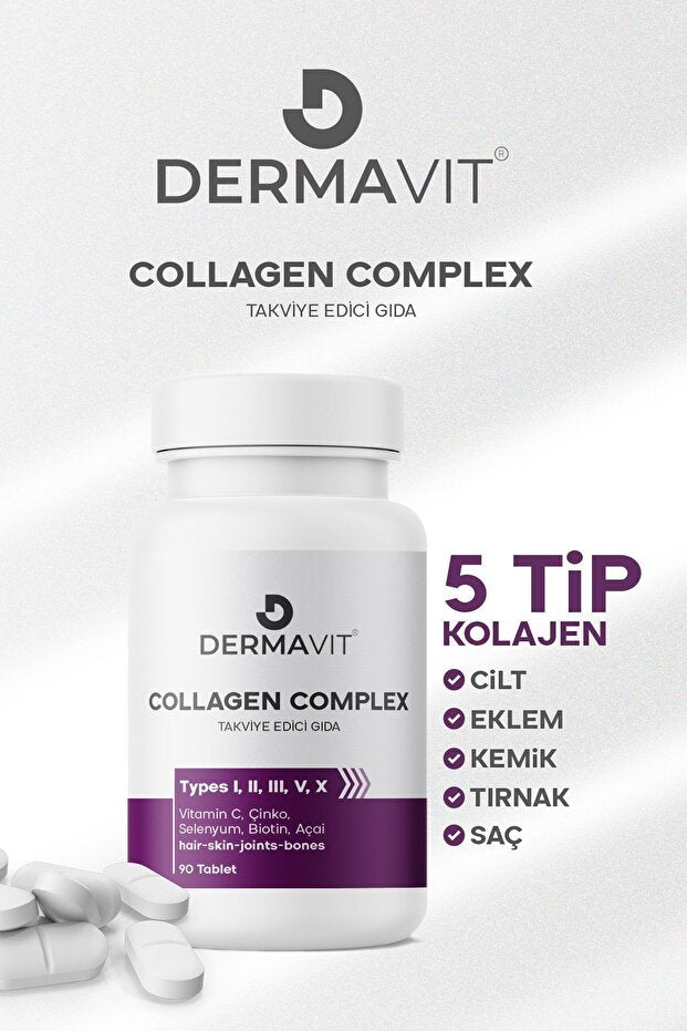 DERMAVIT Collagen Complex - 5 Types for Skin, Hair, Joints - 90 Tablets