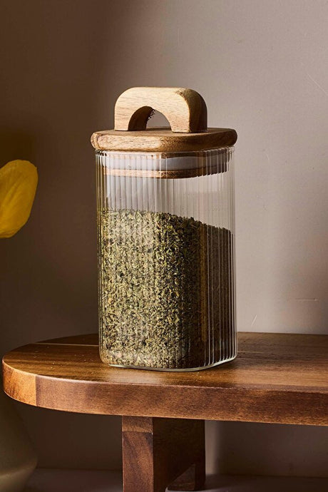 210ml Ribbed Borosilicate Glass Jar with Acacia Vacuum Lid
