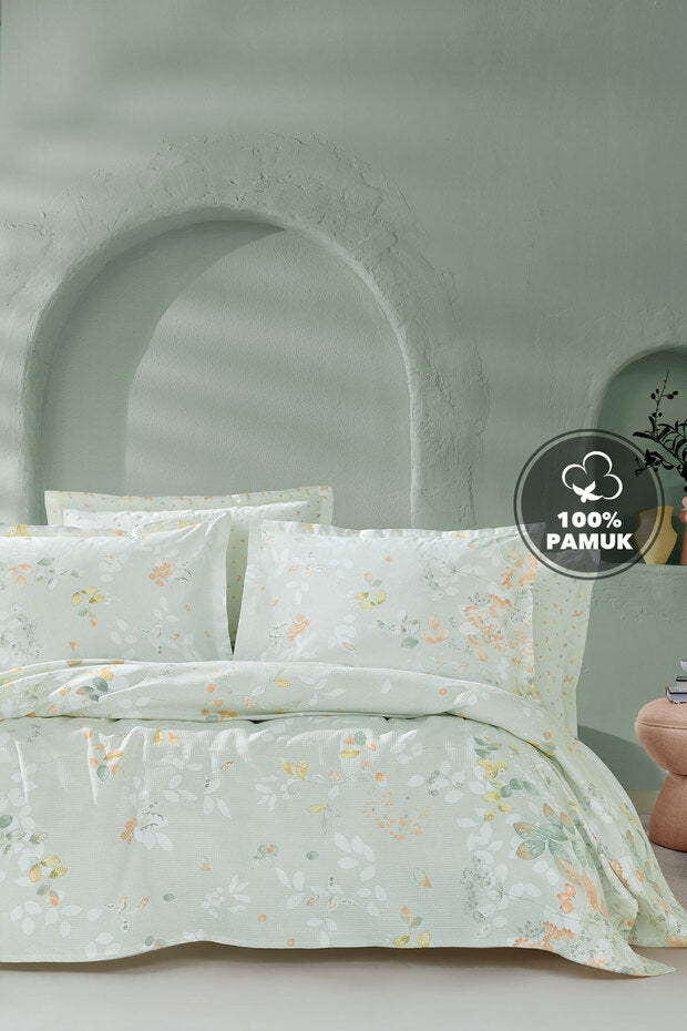 Merri Double Size 100% Cotton Floral Pique Bedding Set - Light Green