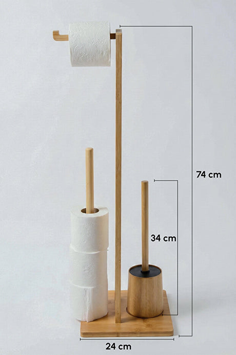 Freestanding Bamboo Toilet Paper Holder & WC Brush Set with Storage