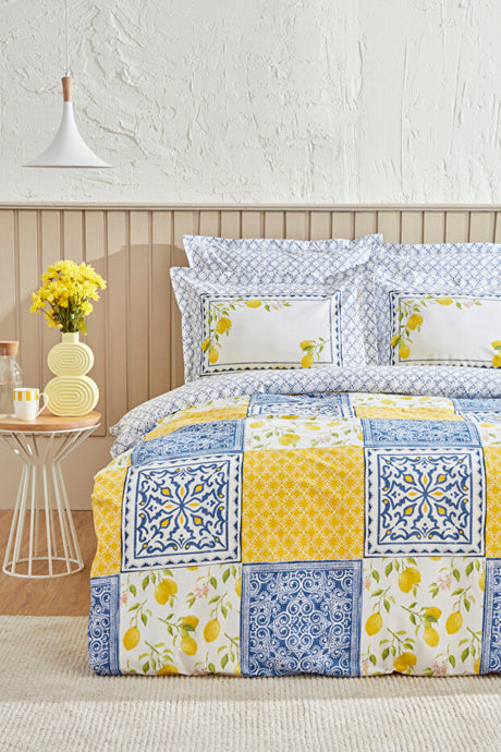 Addie 100% Cotton Double Duvet Cover Set - Lemon & Tile