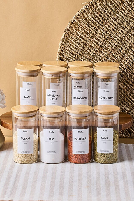 Borosilicate Glass Spice Jars Set - 300ml x 12 with Bamboo Lids