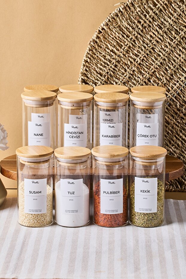 Borosilicate Glass Spice Jars Set - 300ml x 12 with Bamboo Lids